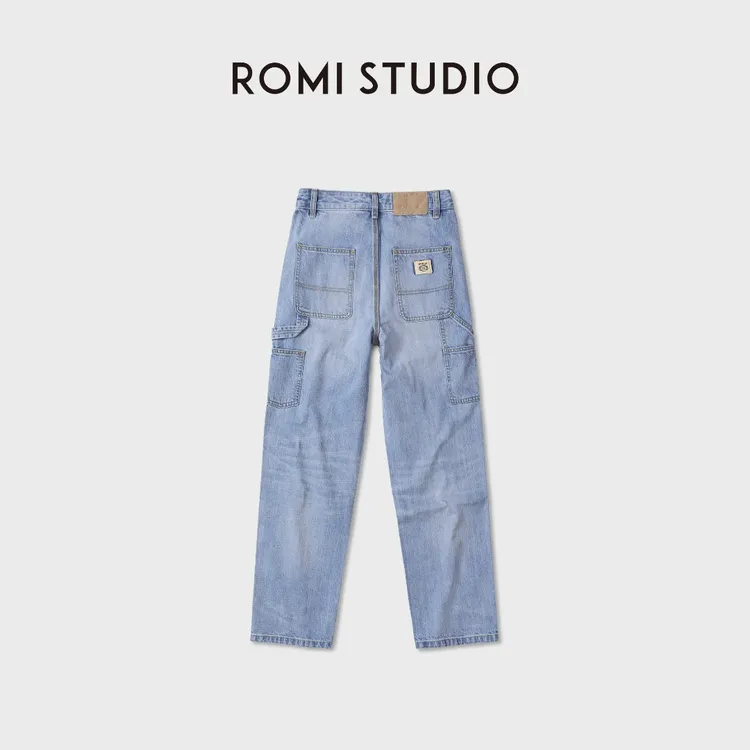 ROMI STUDIO“美式复古”做旧水洗棉质浅蓝工装牛仔裤RWDRX83910