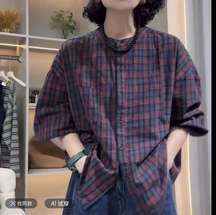 韩版秋季宽松型格纹长袖衬衫休闲百搭显瘦小衫衬衣网红时尚夏季