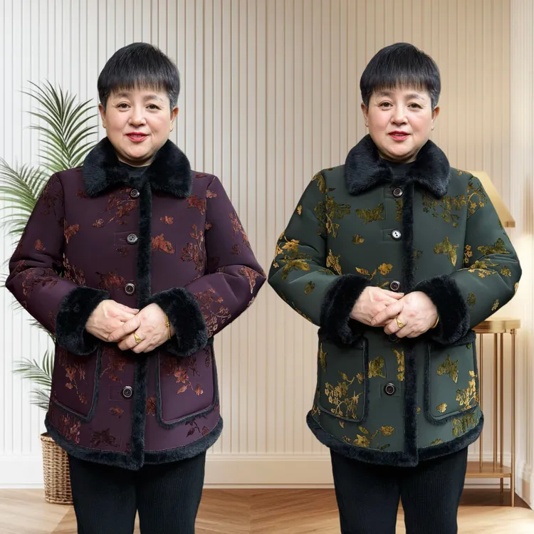 235斤加肥加大妈妈一体毛棉袄翻领植绒提花保暖宽松棉袄冬季外套