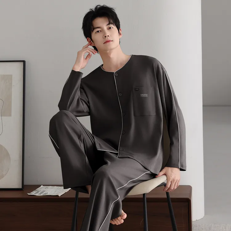 睡衣男春秋款新款100%纯棉开衫学生宿舍宽松休闲长袖冬家居服套装