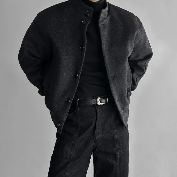 工装立领短款毛呢夹克男士秋冬高级感复古休闲英伦风厚款呢子外套