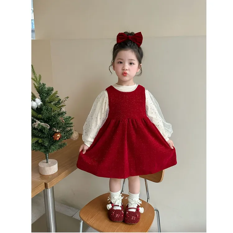 女童宝宝冬季加绒套头打底衫厚款风格冬季套装裙子红色韩版两件套