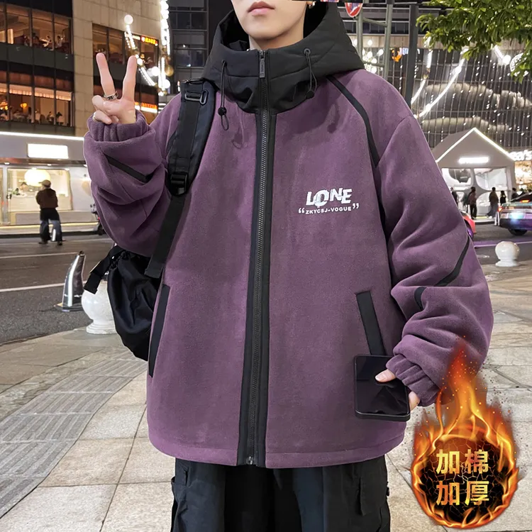 青少年学生冬季加厚保暖夹克宽阔版潮牌百搭男士奥利绒连帽外套男