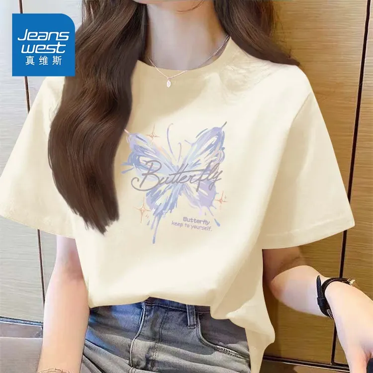 真维斯杏色纯棉短袖T恤女夏2025新款涂鸦蝴蝶小众设计感创意上衣
