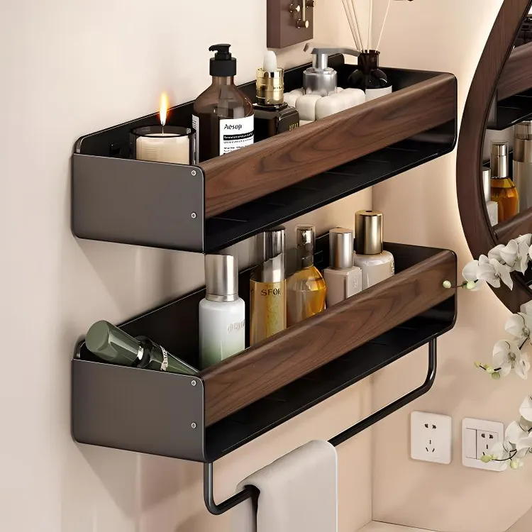 胡桃木卫生间置物架厕所壁挂式墙上免打孔浴室置物架洗漱收纳架子
