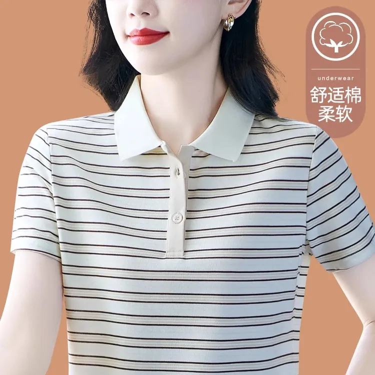 t恤女士条纹短袖夏季新款Polo领时尚休闲大码减龄洋气妈妈装上衣