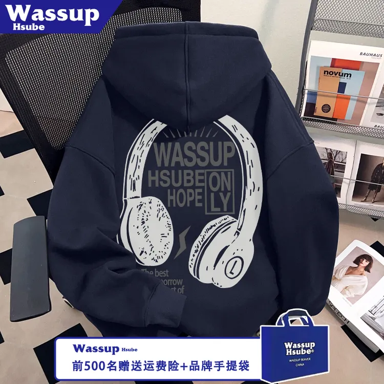 WASSUP HSUBE秋冬季韩系男女款套头藏青上衣耳机英文印花连帽卫衣