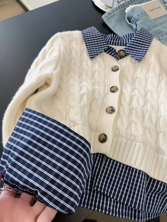 设计感格子拼接Polo领假两件麻花毛衣2025春秋冬新款针织开衫外套