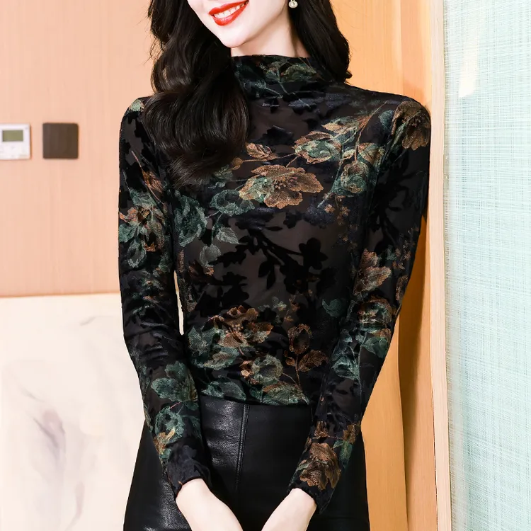 高领网纱打底衫女内搭2025秋季新款植绒印花小衫长袖T恤蕾丝上衣