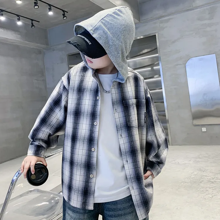 大码男童格子秋季衬衫外套中大童时髦连帽帅气衬衣儿童上衣长袖潮