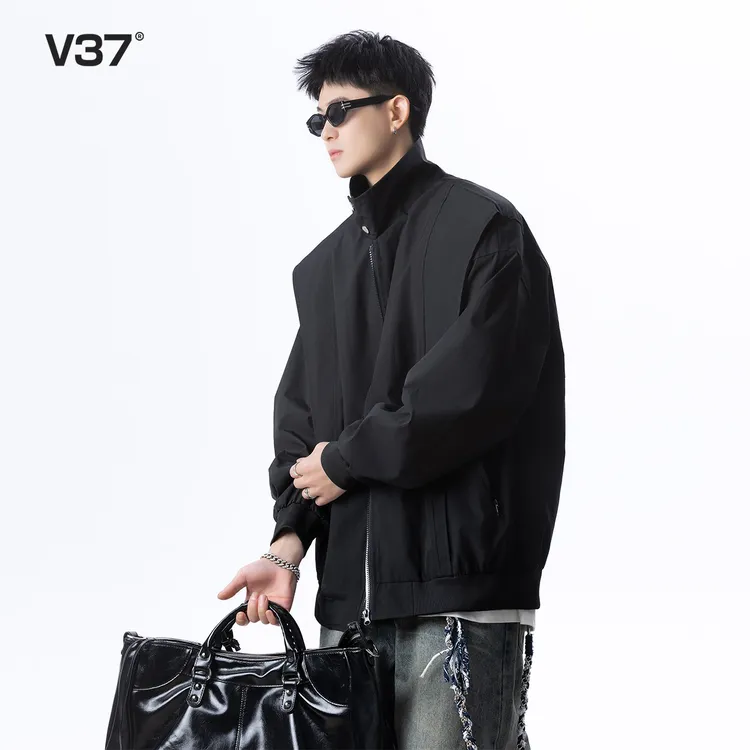V37美式飞行员夹克外套男秋新款黑色痞帅解构廓形工装球服男款