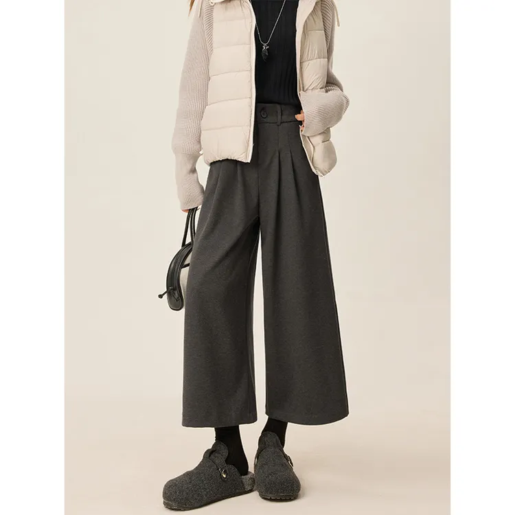 2025秋冬爆款黑色八分毛呢阔腿裤女加绒加厚休闲西装直筒裤小个子