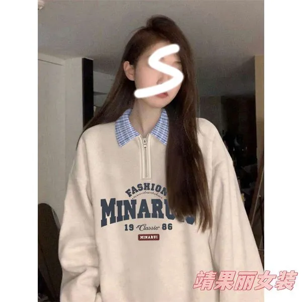 秋冬季新款格子polo领卫衣女装宽松百搭oversize显瘦学院风上衣