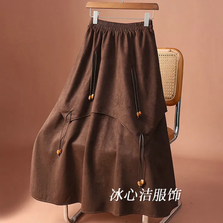 秋冬网红爆款绑带麂皮绒不规则半身裙女款2025新款高腰A字长裙子