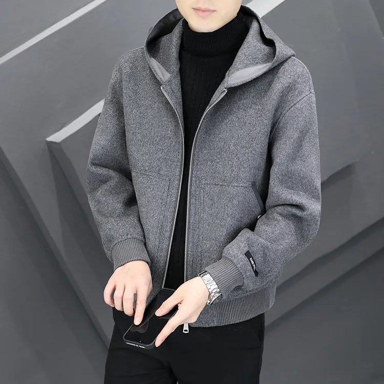 普卡夕赫高档纯羊毛大衣男休闲短款连帽双面呢夹克绵羊拼皮秋冬