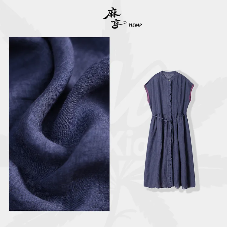 士林色织亚麻深海蓝连衣裙花边绣花门襟透气凉爽中长裙FSY50580