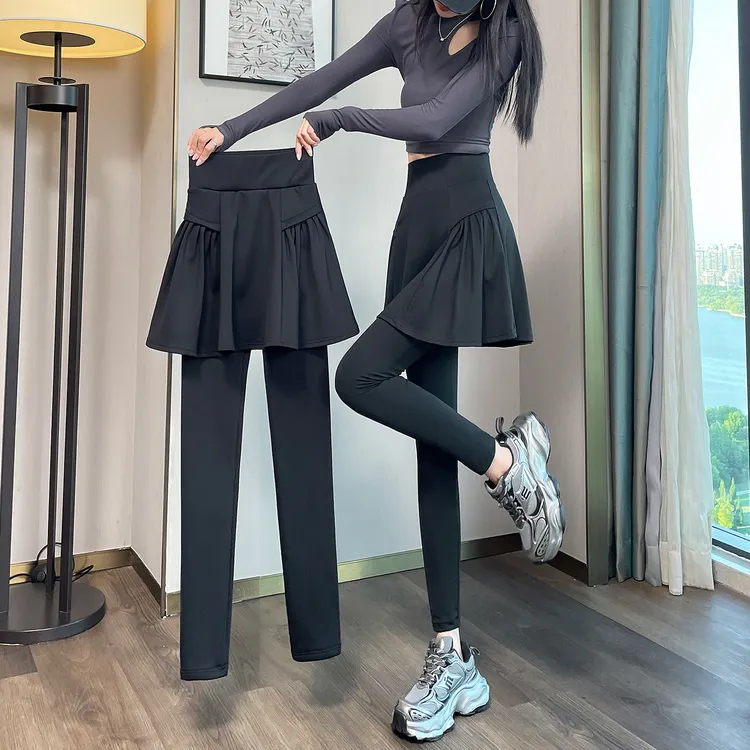 黑色加绒打底裤女外穿2025新款高腰显瘦加长假两件裙裤瑜伽鲨鱼裤