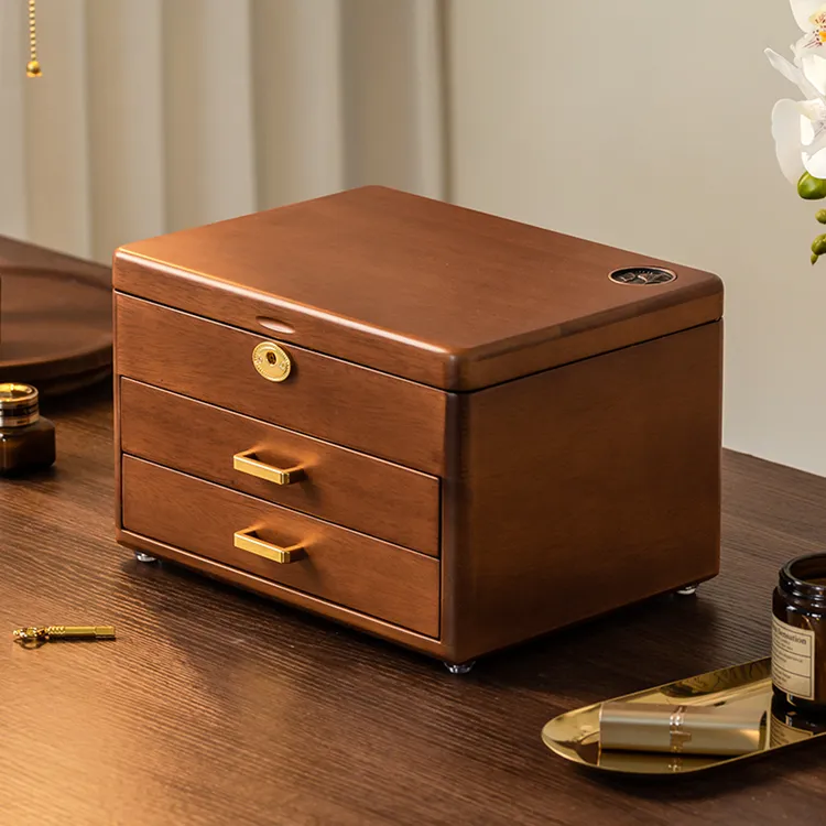 森物社实木带锁多层首饰盒大容量多功能首饰收纳防氧化饰品盒