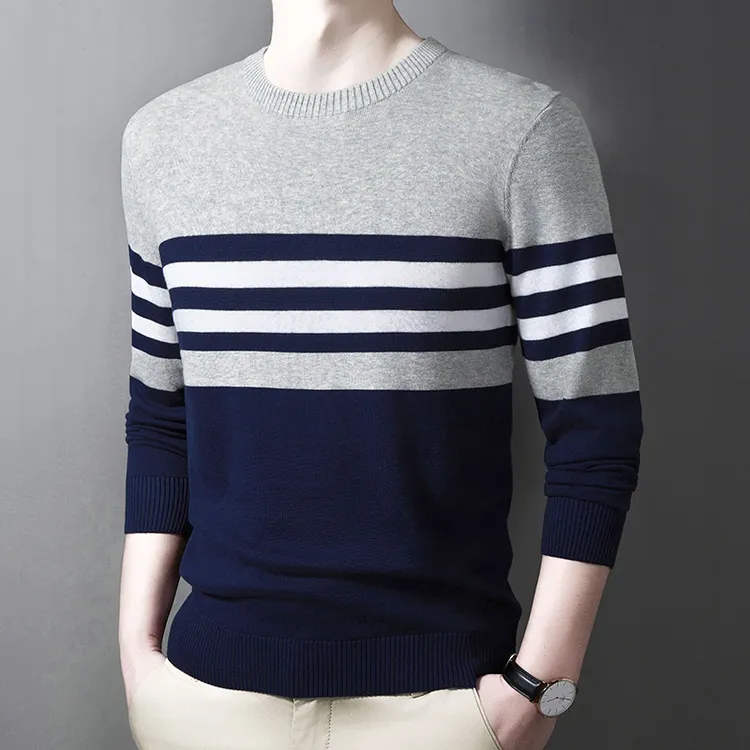 100%棉纯棉条纹毛衣男士春秋薄款针织衫新款圆领打底衫线衣毛衫男