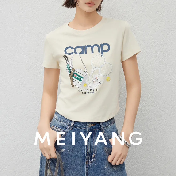 美洋MEIYANG 网球少女T恤【商场同款】印花圆领正肩辣妹上衣