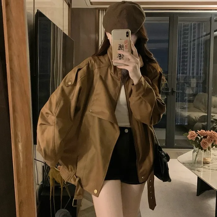 美拉德复古气质翻领长袖皮衣外套女秋季新款宽松显瘦百搭夹克上衣