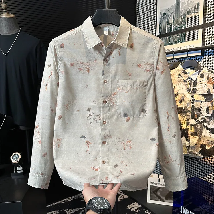DBXB潮牌日系清新印花长袖衬衫男士新款时尚百搭文艺休闲宽松衬衣