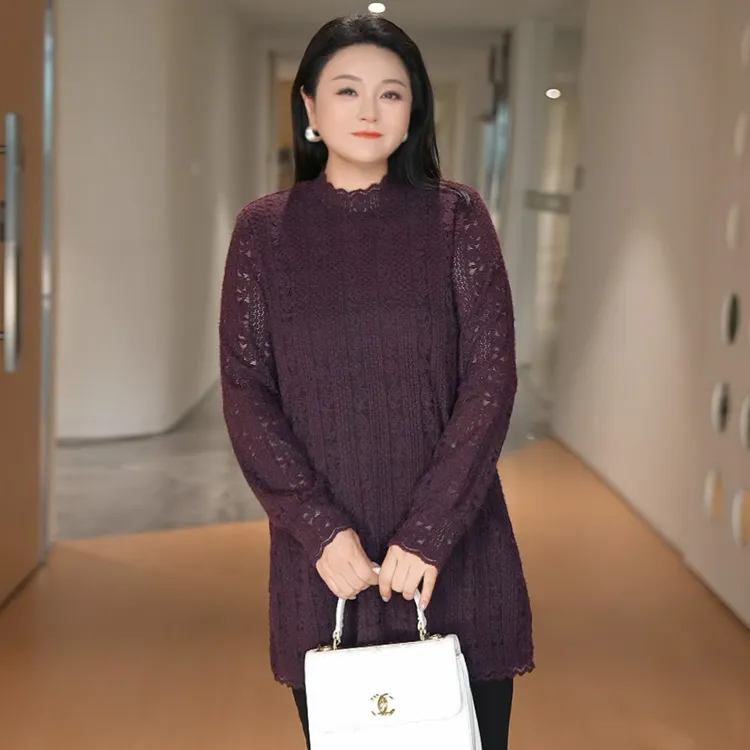 MsShe大码女装2025新款秋装气质半高领长袖磨毛蕾丝衫J~B2509057