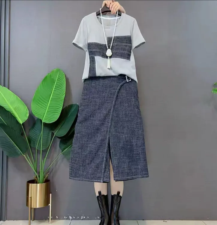 夏季洋气拼接休闲薄款轻职风小众上衣+阔腿裤两件套显瘦遮肉2519