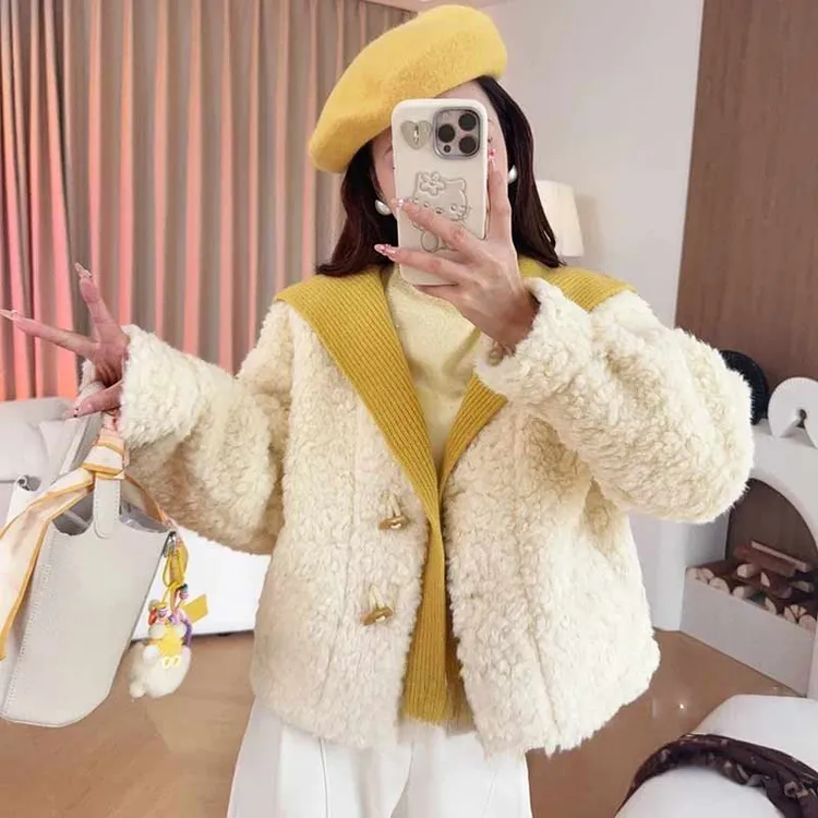 牛角扣翻领毛毛加厚短款外套2025冬季新款