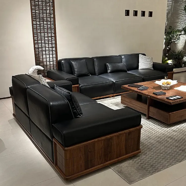 新中式北美黑胡桃木直排沙发组合别墅现代简约高端实木真皮大沙发