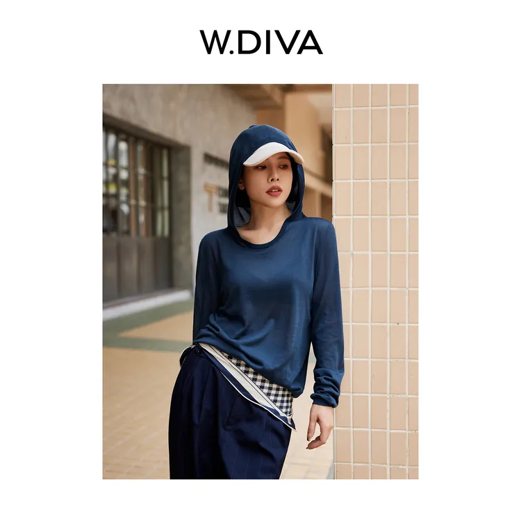 W.Diva【蓝夏】100天丝凉感亲肤休闲百搭慵懒连帽长袖上衣52Z152113