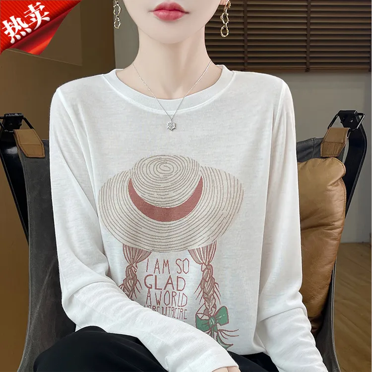 哥弟阿玛施正品草帽提花圆领T恤薄款女秋韩系减龄针织上衣打底衫