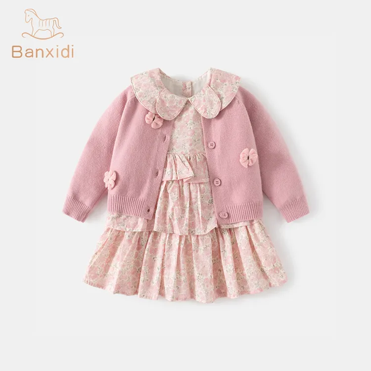 班喜迪女童连衣裙秋装洋气宝宝开衫套装周岁礼服春秋儿童碎花裙子