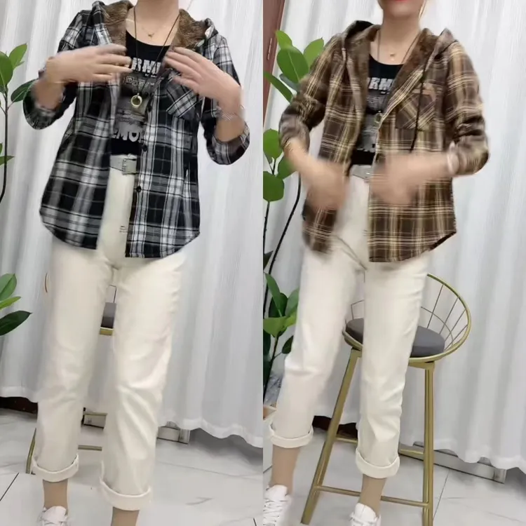 长袖宽松衬衣衬衫袖秋季上衣衬衫薄款格纹单排多扣