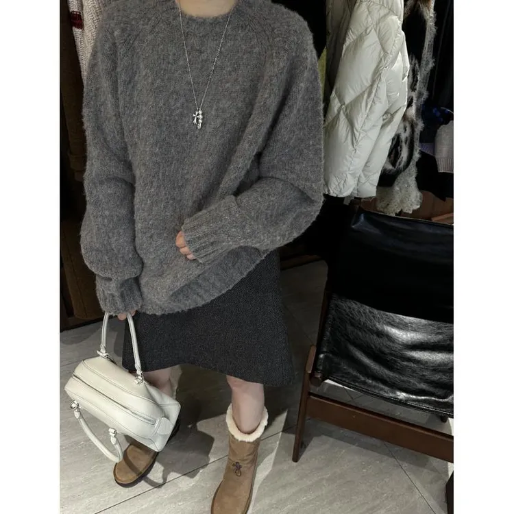 （五彩斑斓的灰）全羊毛彩点拉毛颗粒绒圆领毛衣  J25MY836