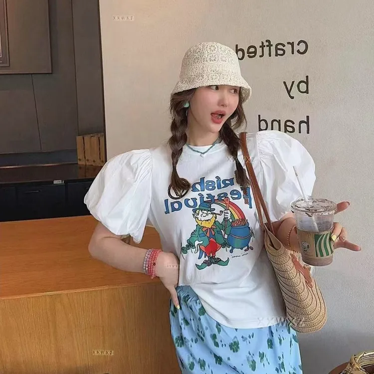 圆领印花抗皱短袖字母泡泡袖T恤夏款高腰重工网红卡通韩版