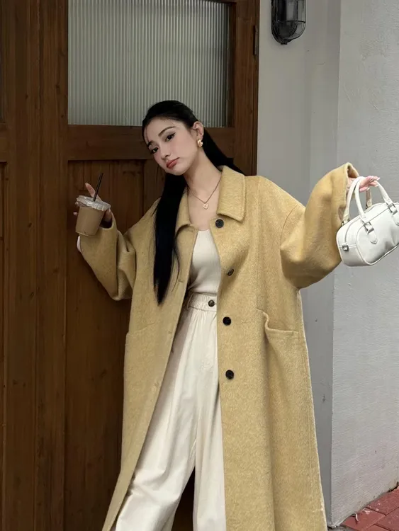 苏力羊驼毛韩版版大衣宽松长毛秋冬双面羊毛大衣极简风单排扣大衣