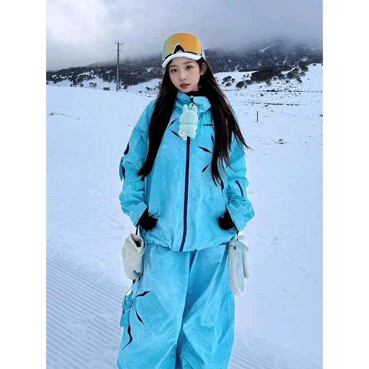 芙沿蓝色滑雪服套装女2025秋冬新款户外防风防水防寒单板情侣雪衣
