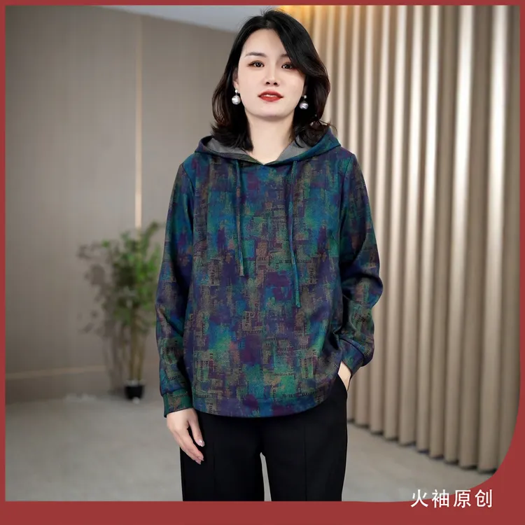 火袖G1841中老年妈妈装印花卫衣女早秋新款宽松遮肚长袖休闲上衣