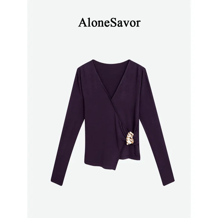 【ALONE SAVOR】龍喜儿紫韵 秋冬法式复古不规则小衫交叉领C128