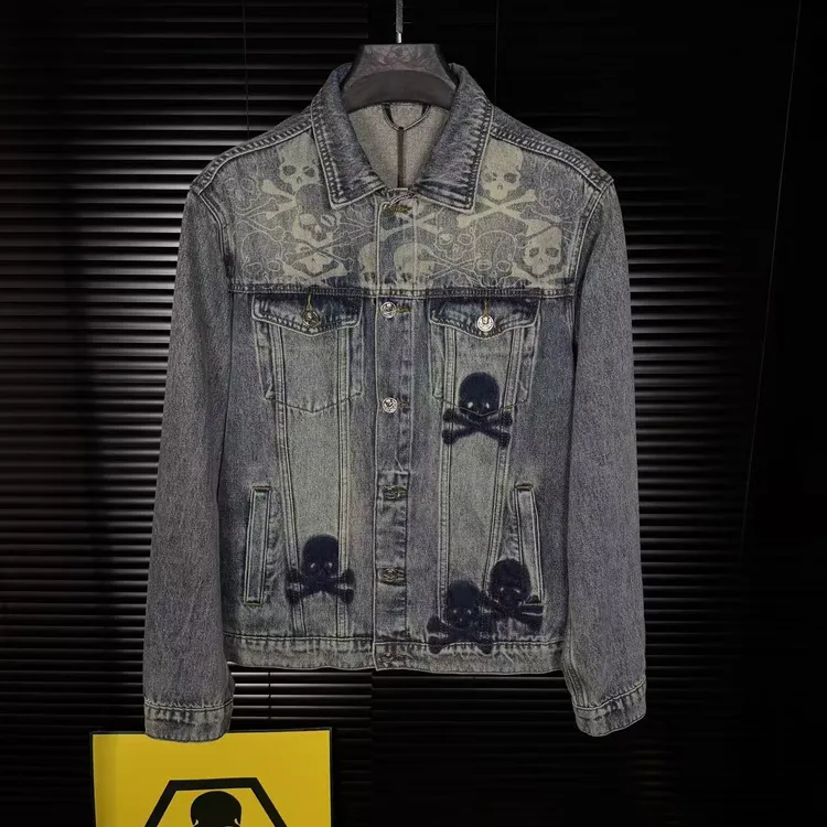 法拉盾25男秋款高品质潮流重工水洗蓝色复古翻领牛仔夹克外套T02