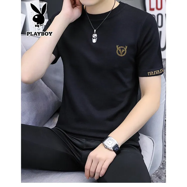 花花公子毛衣短袖男春秋新款潮流羊绒针织衫薄款半袖打底衫男T恤