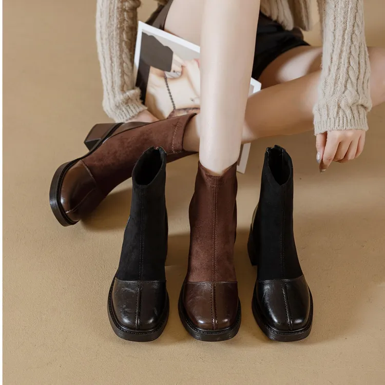 2025绒面防滑粗跟中跟千金风方头手工短靴休闲圆头百搭女鞋7020