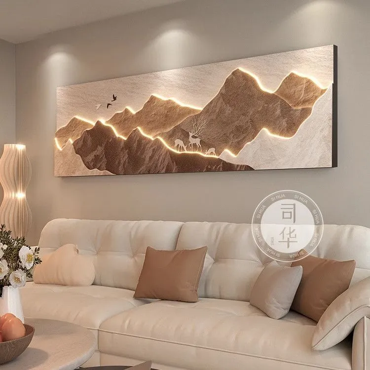 背有靠山客厅沙发背景墙砂岩画轻奢高级感挂画立体山水画高档壁画