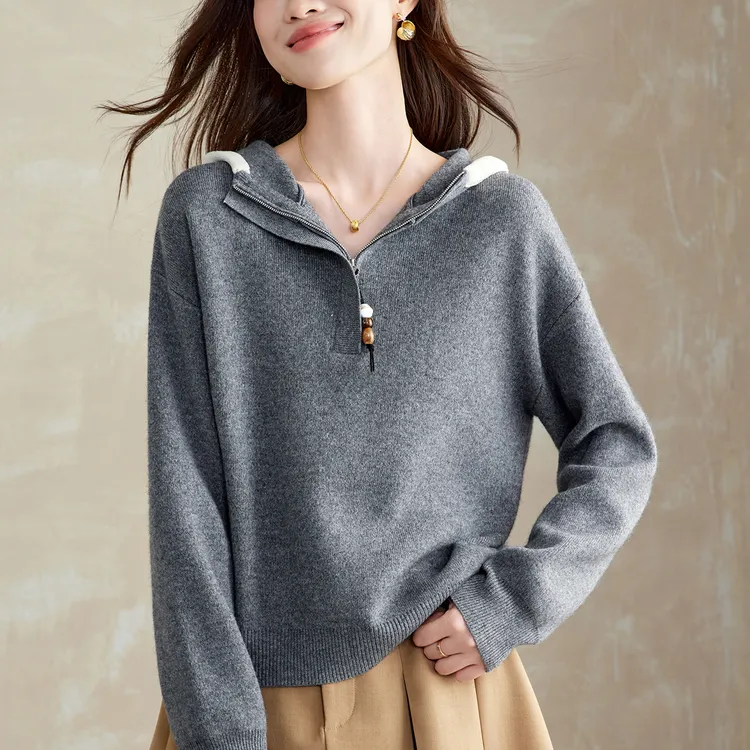 帽衫女款2026年新款洋气减龄毛衣内搭可外穿100纯羊毛打底衫连帽
