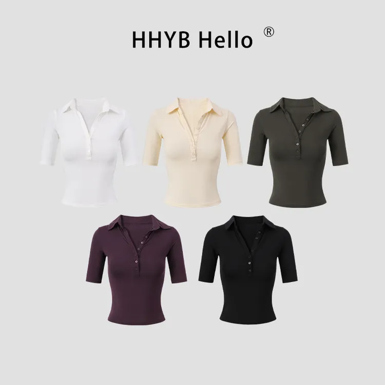 HHYB Hello2025新款高弹莫代尔中袖POLO衫翻领短款针织衫250772