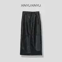XINYU/芯与『冷萃』定制百搭复古感Pu后开叉皮裙 337136 直筒 时尚