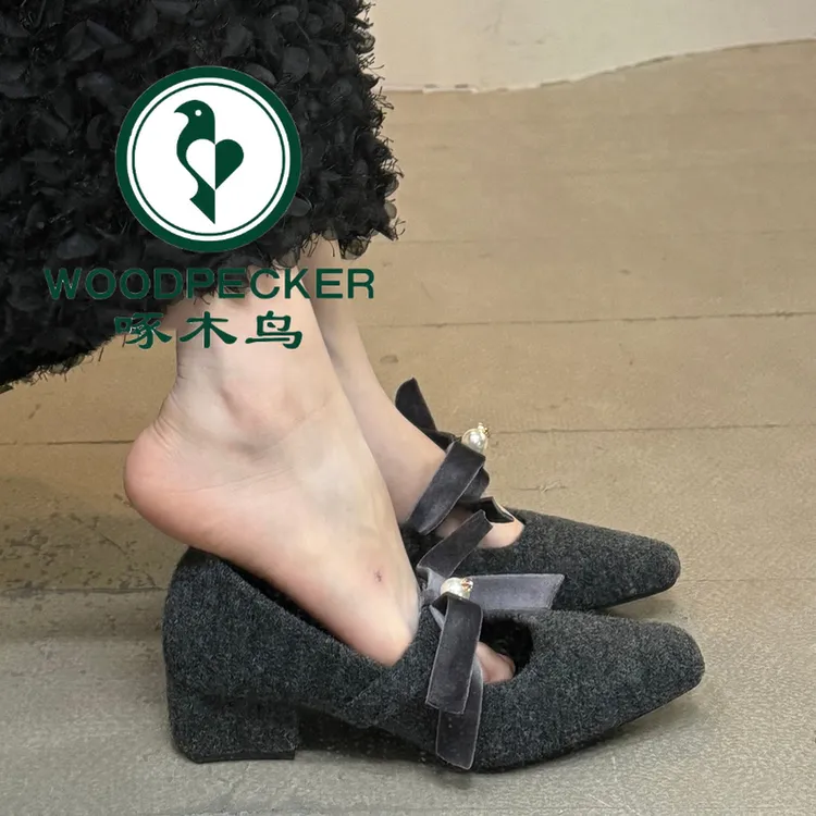 啄木鸟法式高跟鞋女2025冬灰色玛丽珍毛毛鞋女冬外穿粗跟加绒单鞋
