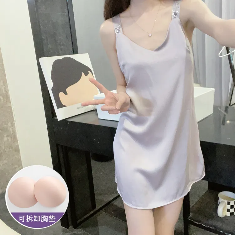 冰丝睡裙女夏季吊带睡衣2025新款带胸垫紫色裙性感开叉后背家居服