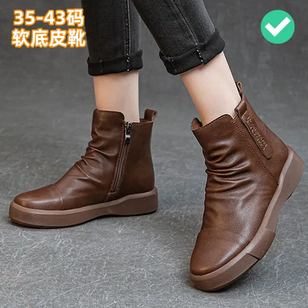 秋冬褶皱细腻牛皮复古马丁靴软底平跟皮靴加绒大码短靴女41-42-43